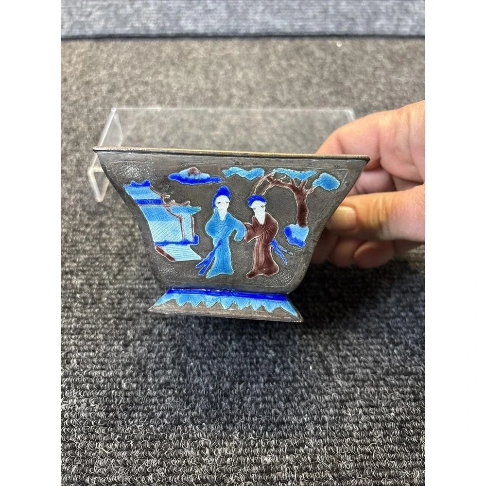 Vtg~Chinese Enameled Copper Blue Lined/Enamel Square Bowl~ Family Story